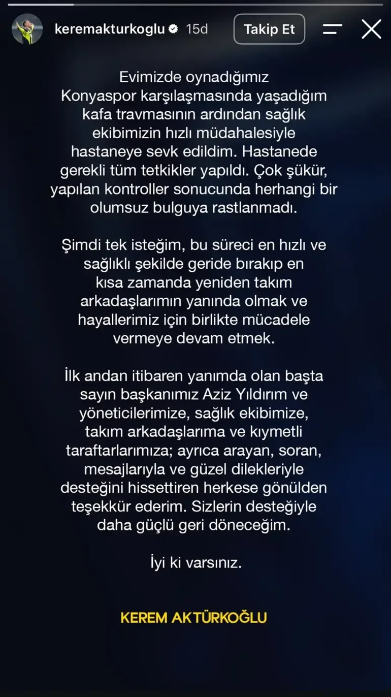 Kafa travması geçiren Kerem Aktürkoğlu'ndan açıklama: Tek istediğim en kısa sürede dönmek